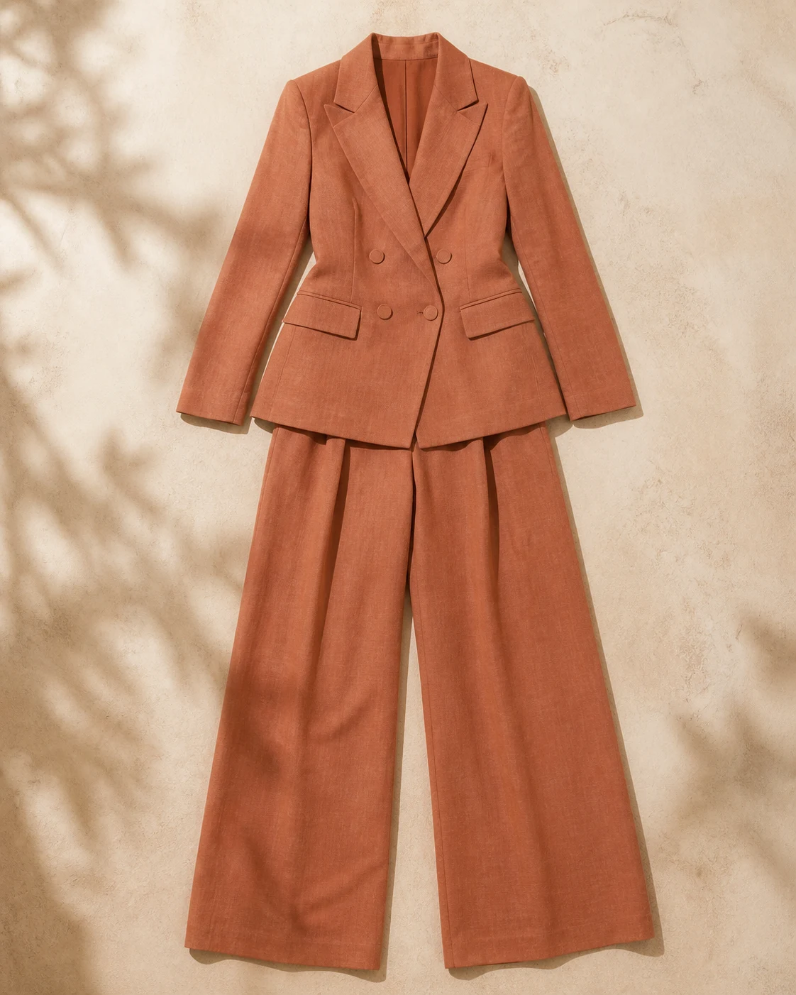 Traje cruzado de lino para mujer en terracota